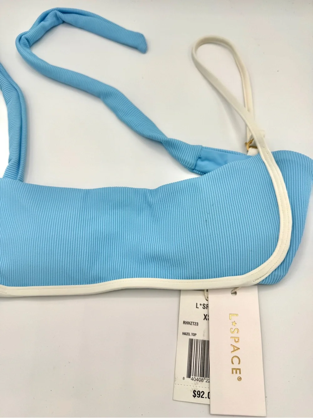 NWT L Space Hazel Swim Top in Seaspray Blue / Cream , Ribbed Bikini